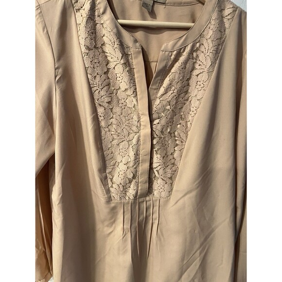 NINE WEST VINTAGE AMERICA Blouse Womens M Lace Inlay Beige Tunic Feminine Whimsy - Picture 2 of 7